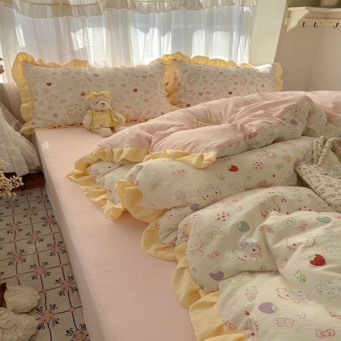 91家纺网 家纺一手货源 找家纺 顾里家纺 2025新款韩系花边皱皱纱四件套 糖果猫咪