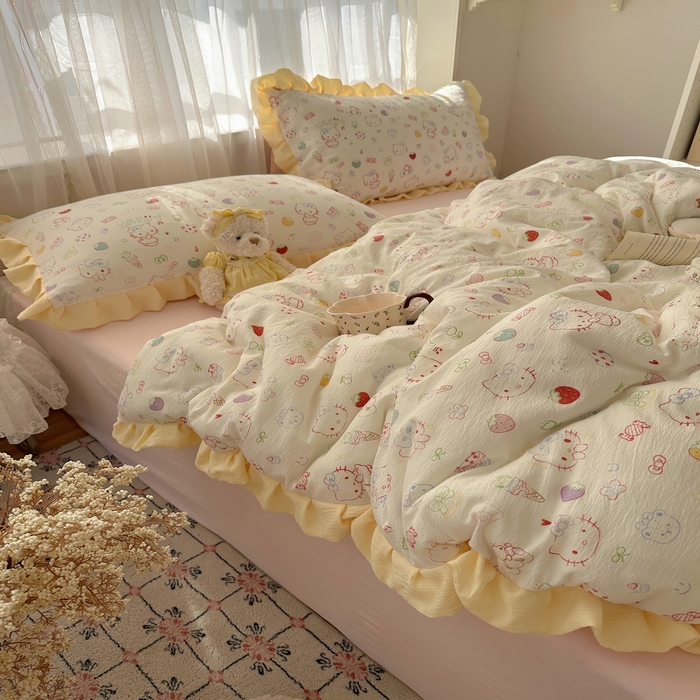 91家纺网 家纺一手货源 找家纺 顾里家纺 2025新款韩系花边皱皱纱四件套 糖果猫咪