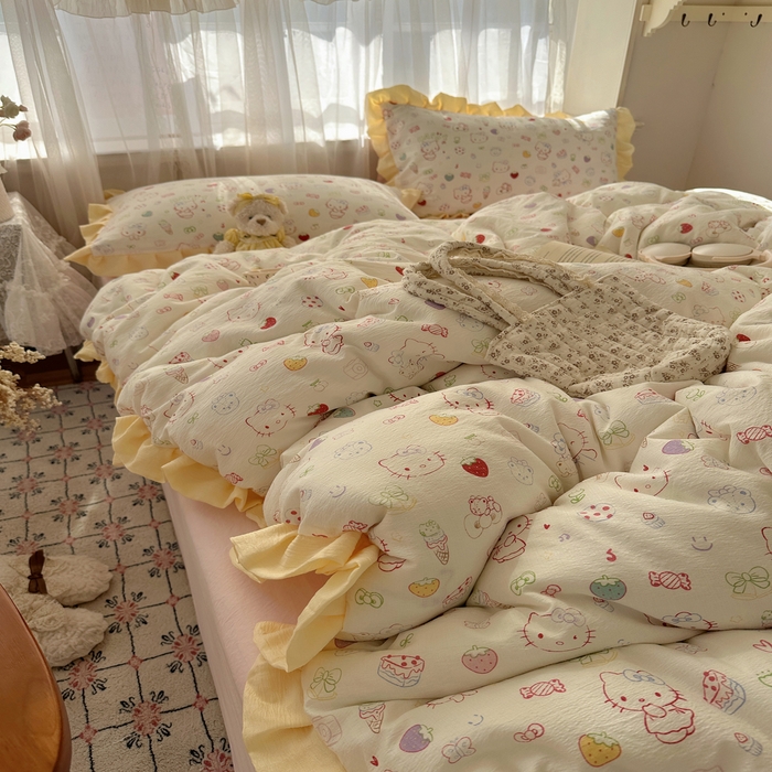 91家纺网 家纺一手货源 找家纺 顾里家纺 2025新款韩系花边皱皱纱四件套 糖果猫咪