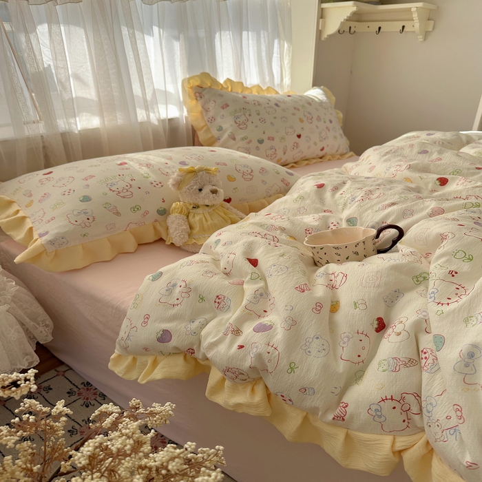 91家纺网 家纺一手货源 找家纺 顾里家纺 2025新款韩系花边皱皱纱四件套 糖果猫咪