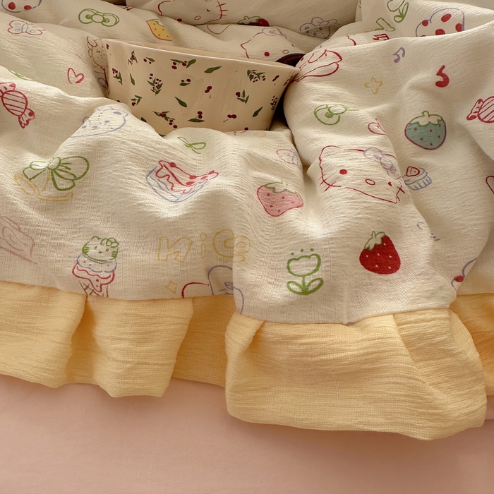 91家纺网 家纺一手货源 找家纺 顾里家纺 2025新款韩系花边皱皱纱四件套 糖果猫咪