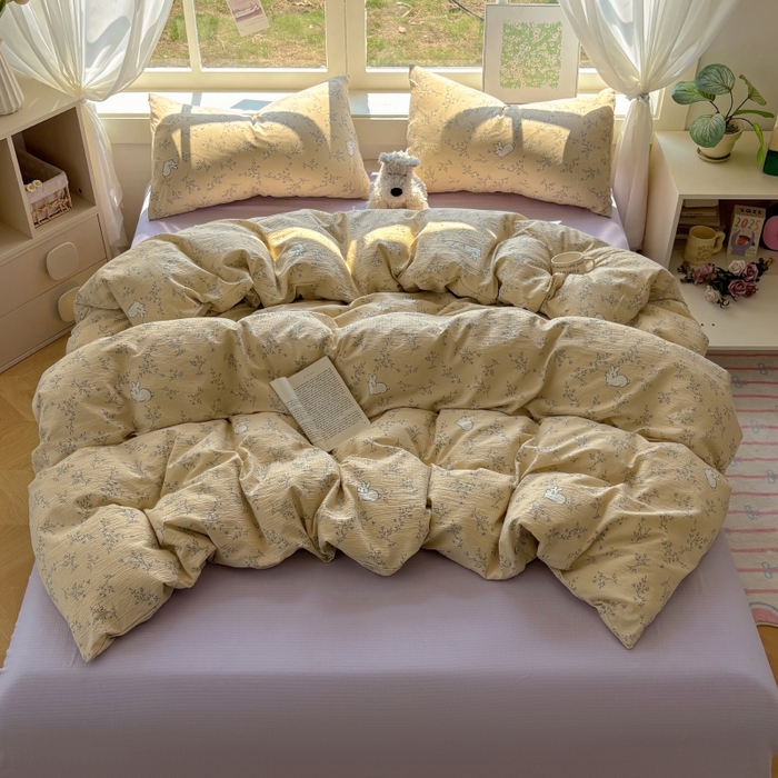 91家纺网 家纺一手货源 找家纺 耀达家居 2025新款木棉A类有氧双层纱四件套小清新碎花床单宿舍三件套 安琪拉