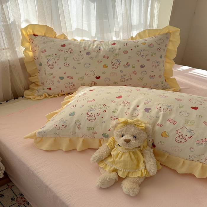 91家纺网 家纺一手货源 找家纺 顾里家纺 2025新款韩系花边皱皱纱四件套 糖果猫咪