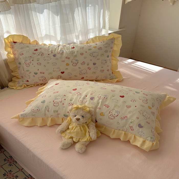 91家纺网 家纺一手货源 找家纺 顾里家纺 2025新款韩系花边皱皱纱四件套 糖果猫咪