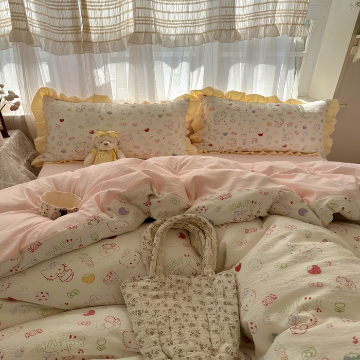 91家纺网 家纺一手货源 找家纺 顾里家纺 2025新款韩系花边皱皱纱四件套 糖果猫咪