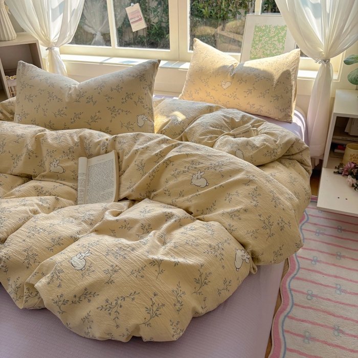 91家纺网 家纺一手货源 找家纺 耀达家居 2025新款木棉A类有氧双层纱四件套小清新碎花床单宿舍三件套 安琪拉