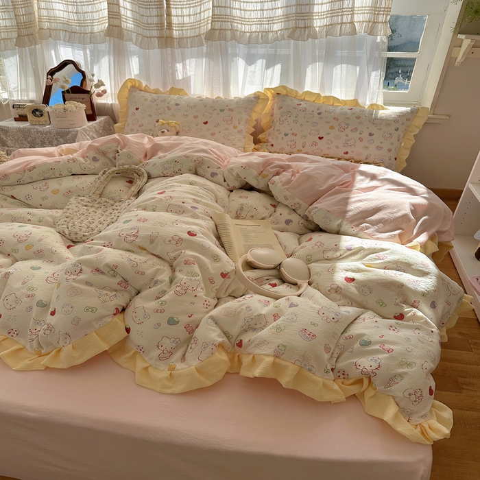 91家纺网 家纺一手货源 找家纺 顾里家纺 2025新款韩系花边皱皱纱四件套 糖果猫咪