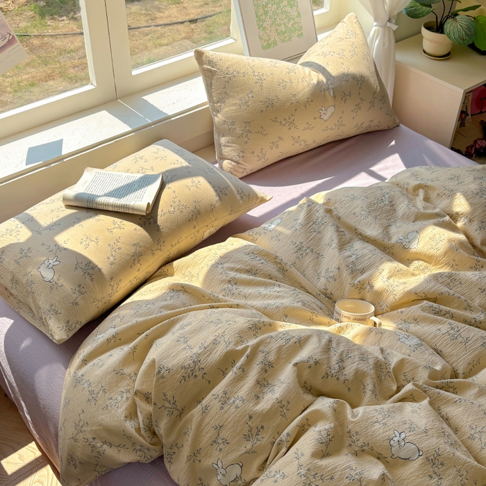 91家纺网 家纺一手货源 找家纺 耀达家居 2025新款木棉A类有氧双层纱四件套小清新碎花床单宿舍三件套 安琪拉