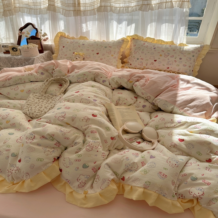 91家纺网 家纺一手货源 找家纺 顾里家纺 2025新款韩系花边皱皱纱四件套 糖果猫咪