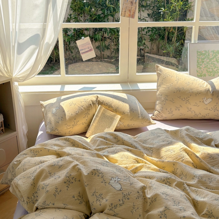 91家纺网 家纺一手货源 找家纺 耀达家居 2025新款木棉A类有氧双层纱四件套小清新碎花床单宿舍三件套 安琪拉