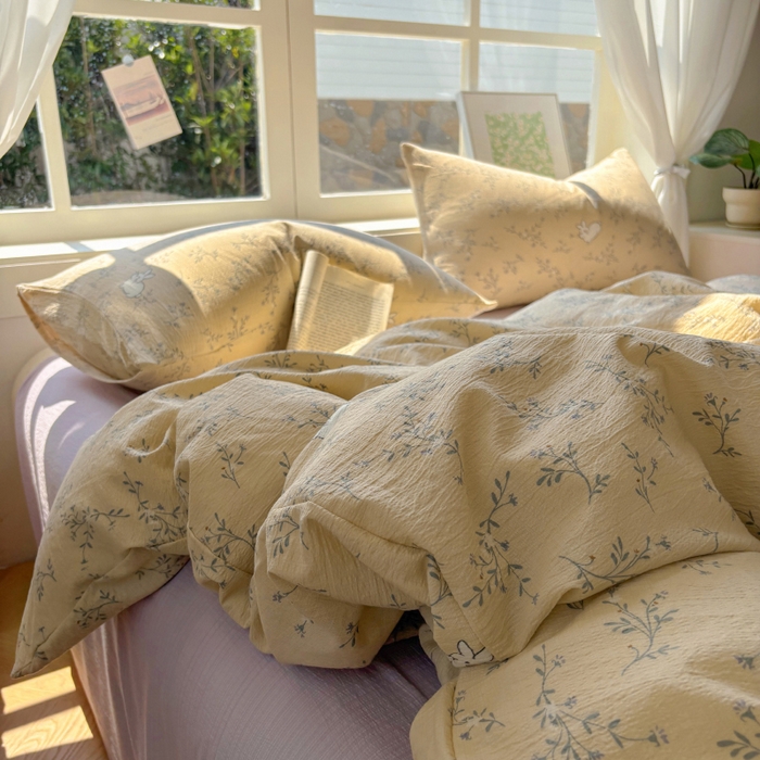 91家纺网 家纺一手货源 找家纺 耀达家居 2025新款木棉A类有氧双层纱四件套小清新碎花床单宿舍三件套 安琪拉