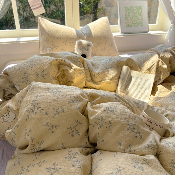 91家纺网 家纺一手货源 找家纺 耀达家居 2025新款木棉A类有氧双层纱四件套小清新碎花床单宿舍三件套 安琪拉