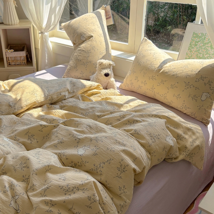 91家纺网 家纺一手货源 找家纺 耀达家居 2025新款木棉A类有氧双层纱四件套小清新碎花床单宿舍三件套 安琪拉