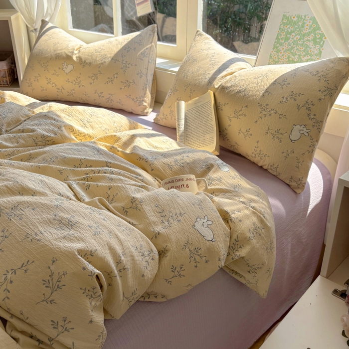 91家纺网 家纺一手货源 找家纺 耀达家居 2025新款木棉A类有氧双层纱四件套小清新碎花床单宿舍三件套 安琪拉