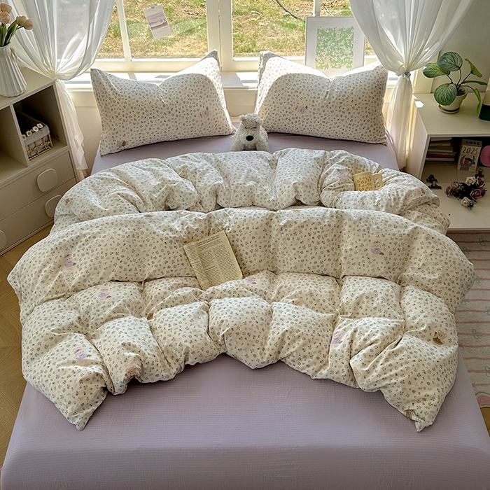 91家纺网 家纺一手货源 找家纺 耀达家居 2025新款木棉A类有氧双层纱四件套小清新碎花床单宿舍三件套 朵拉