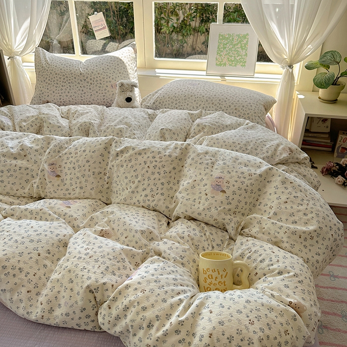 91家纺网 家纺一手货源 找家纺 耀达家居 2025新款木棉A类有氧双层纱四件套小清新碎花床单宿舍三件套 朵拉