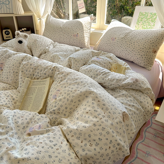 91家纺网 家纺一手货源 找家纺 耀达家居 2025新款木棉A类有氧双层纱四件套小清新碎花床单宿舍三件套 朵拉