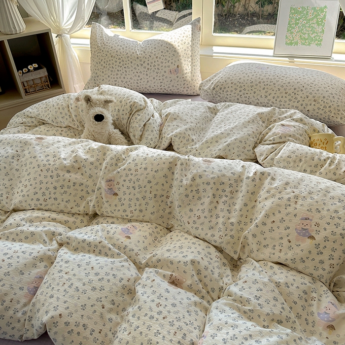 91家纺网 家纺一手货源 找家纺 耀达家居 2025新款木棉A类有氧双层纱四件套小清新碎花床单宿舍三件套 朵拉