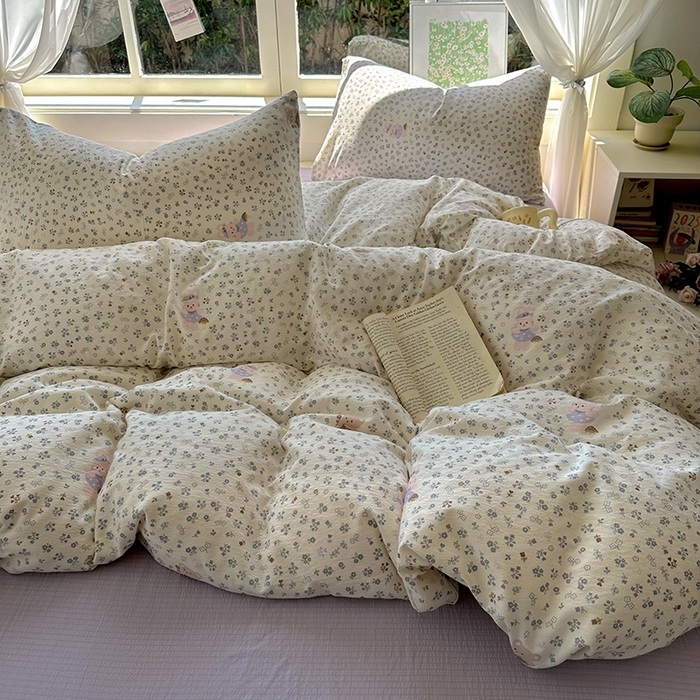 91家纺网 家纺一手货源 找家纺 耀达家居 2025新款木棉A类有氧双层纱四件套小清新碎花床单宿舍三件套 朵拉