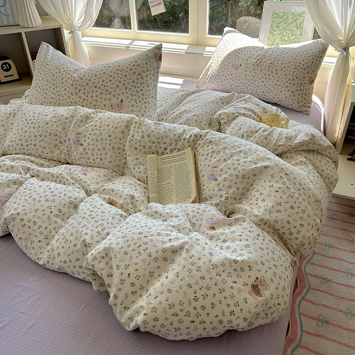 91家纺网 家纺一手货源 找家纺 耀达家居 2025新款木棉A类有氧双层纱四件套小清新碎花床单宿舍三件套 朵拉