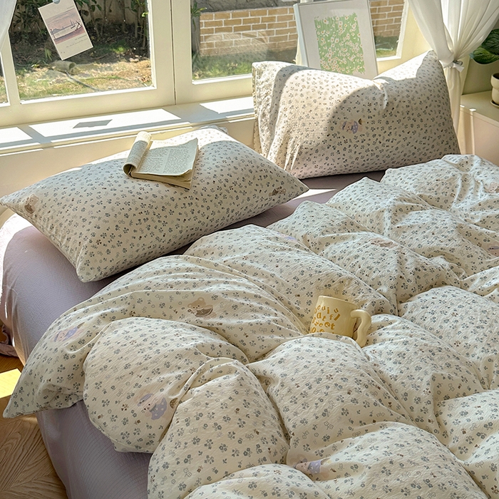 91家纺网 家纺一手货源 找家纺 耀达家居 2025新款木棉A类有氧双层纱四件套小清新碎花床单宿舍三件套 朵拉