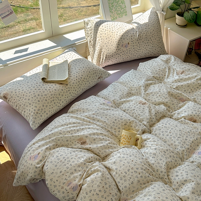 91家纺网 家纺一手货源 找家纺 耀达家居 2025新款木棉A类有氧双层纱四件套小清新碎花床单宿舍三件套 朵拉