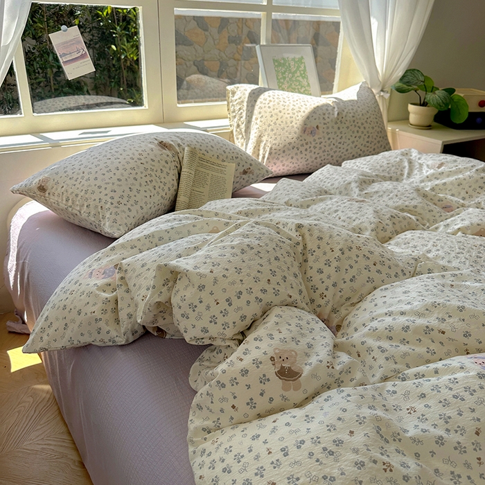 91家纺网 家纺一手货源 找家纺 耀达家居 2025新款木棉A类有氧双层纱四件套小清新碎花床单宿舍三件套 朵拉