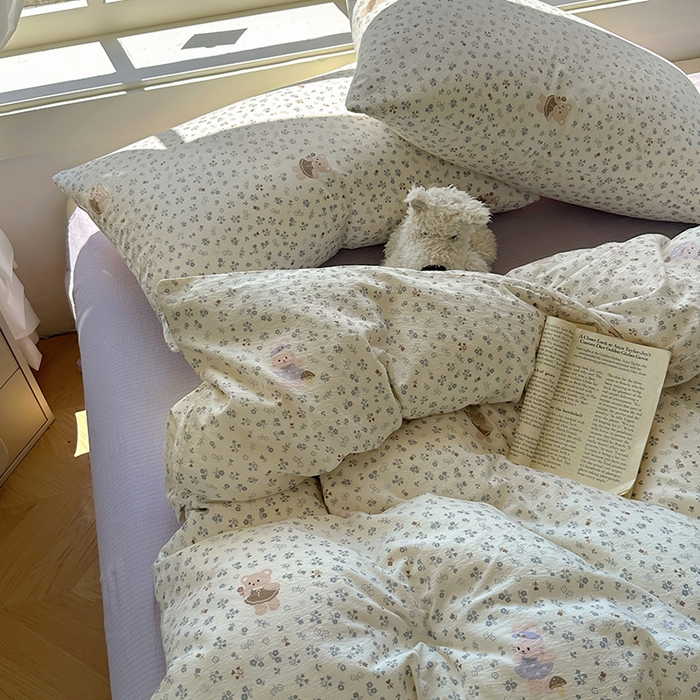 91家纺网 家纺一手货源 找家纺 耀达家居 2025新款木棉A类有氧双层纱四件套小清新碎花床单宿舍三件套 朵拉