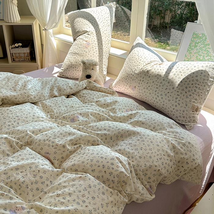 91家纺网 家纺一手货源 找家纺 耀达家居 2025新款木棉A类有氧双层纱四件套小清新碎花床单宿舍三件套 朵拉