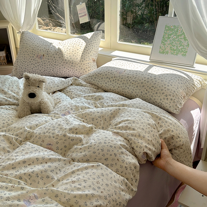 91家纺网 家纺一手货源 找家纺 耀达家居 2025新款木棉A类有氧双层纱四件套小清新碎花床单宿舍三件套 朵拉
