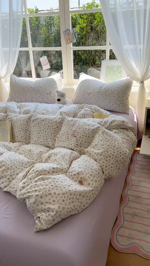 91家纺网 家纺一手货源 找家纺 耀达家居 2025新款木棉A类有氧双层纱四件套小清新碎花床单宿舍三件套 朵拉