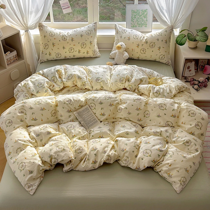 91家纺网 家纺一手货源 找家纺 耀达家居 2025新款木棉A类有氧双层纱四件套小清新碎花床单宿舍三件套 花田