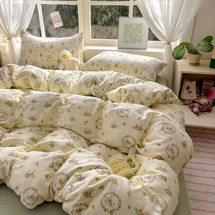 91家纺网 家纺一手货源 找家纺 耀达家居 2025新款木棉A类有氧双层纱四件套小清新碎花床单宿舍三件套 花田