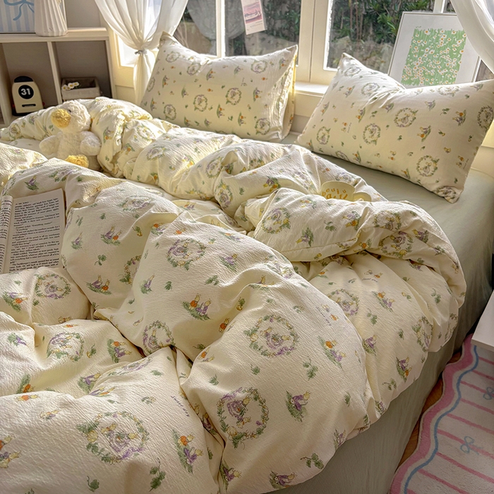 91家纺网 家纺一手货源 找家纺 耀达家居 2025新款木棉A类有氧双层纱四件套小清新碎花床单宿舍三件套 花田