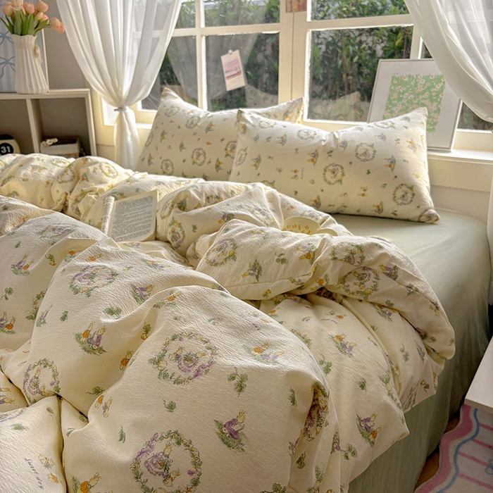 91家纺网 家纺一手货源 找家纺 耀达家居 2025新款木棉A类有氧双层纱四件套小清新碎花床单宿舍三件套 花田