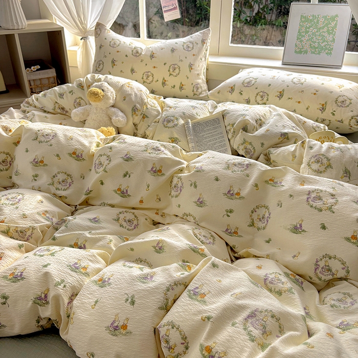 91家纺网 家纺一手货源 找家纺 耀达家居 2025新款木棉A类有氧双层纱四件套小清新碎花床单宿舍三件套 花田