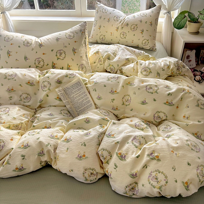 91家纺网 家纺一手货源 找家纺 耀达家居 2025新款木棉A类有氧双层纱四件套小清新碎花床单宿舍三件套 花田