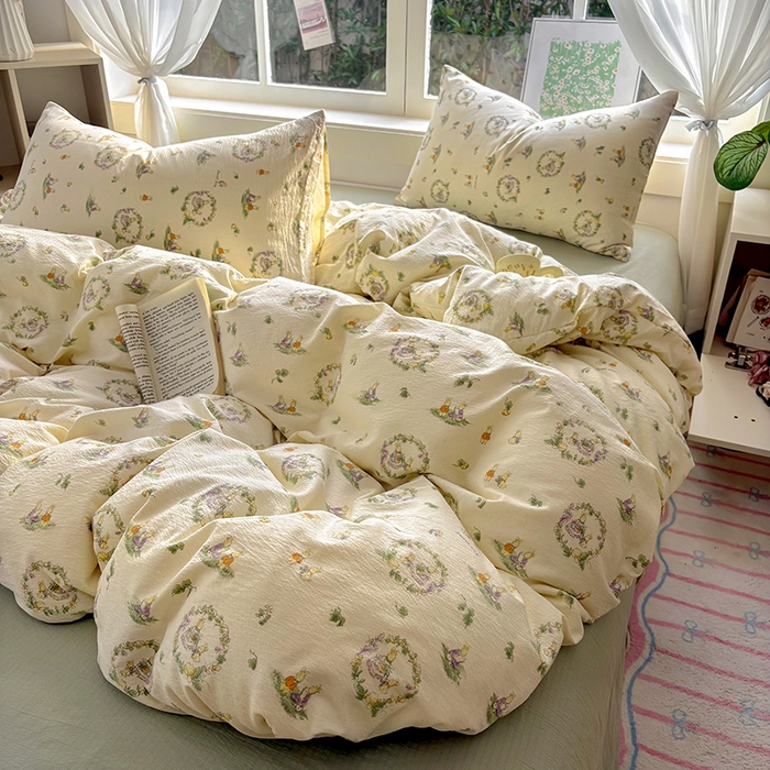 91家纺网 家纺一手货源 找家纺 耀达家居 2025新款木棉A类有氧双层纱四件套小清新碎花床单宿舍三件套 花田