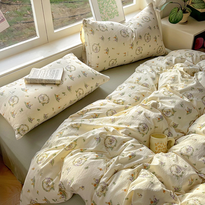 91家纺网 家纺一手货源 找家纺 耀达家居 2025新款木棉A类有氧双层纱四件套小清新碎花床单宿舍三件套 花田