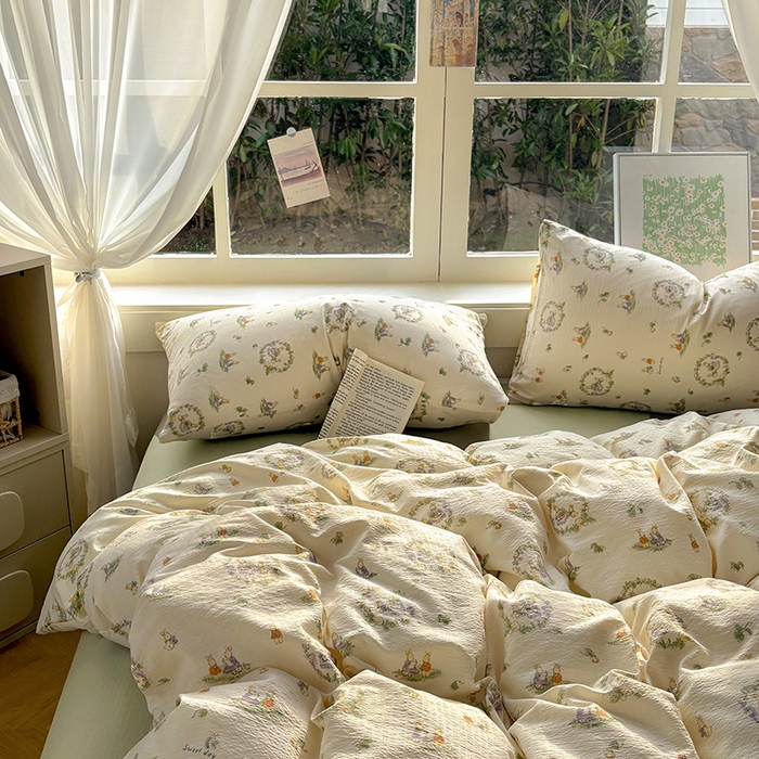 91家纺网 家纺一手货源 找家纺 耀达家居 2025新款木棉A类有氧双层纱四件套小清新碎花床单宿舍三件套 花田