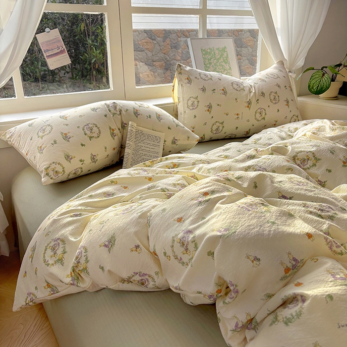 91家纺网 家纺一手货源 找家纺 耀达家居 2025新款木棉A类有氧双层纱四件套小清新碎花床单宿舍三件套 花田