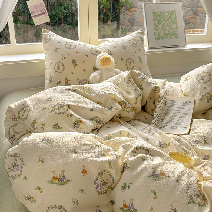 91家纺网 家纺一手货源 找家纺 耀达家居 2025新款木棉A类有氧双层纱四件套小清新碎花床单宿舍三件套 花田