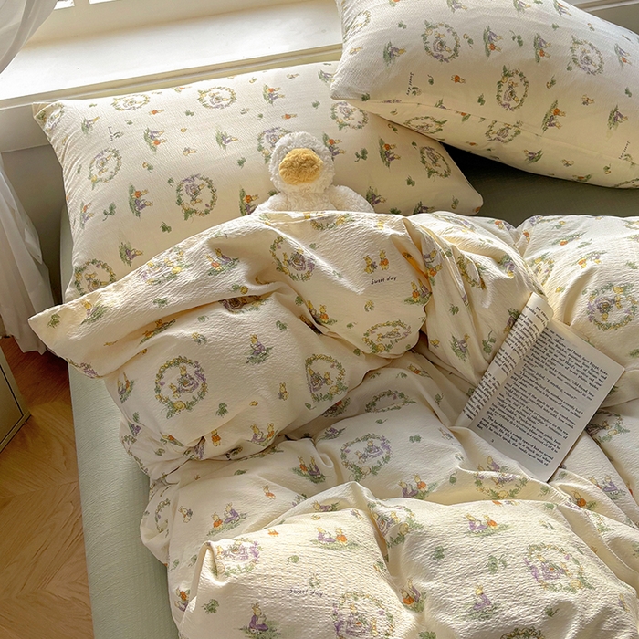 91家纺网 家纺一手货源 找家纺 耀达家居 2025新款木棉A类有氧双层纱四件套小清新碎花床单宿舍三件套 花田