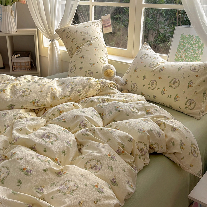 91家纺网 家纺一手货源 找家纺 耀达家居 2025新款木棉A类有氧双层纱四件套小清新碎花床单宿舍三件套 花田