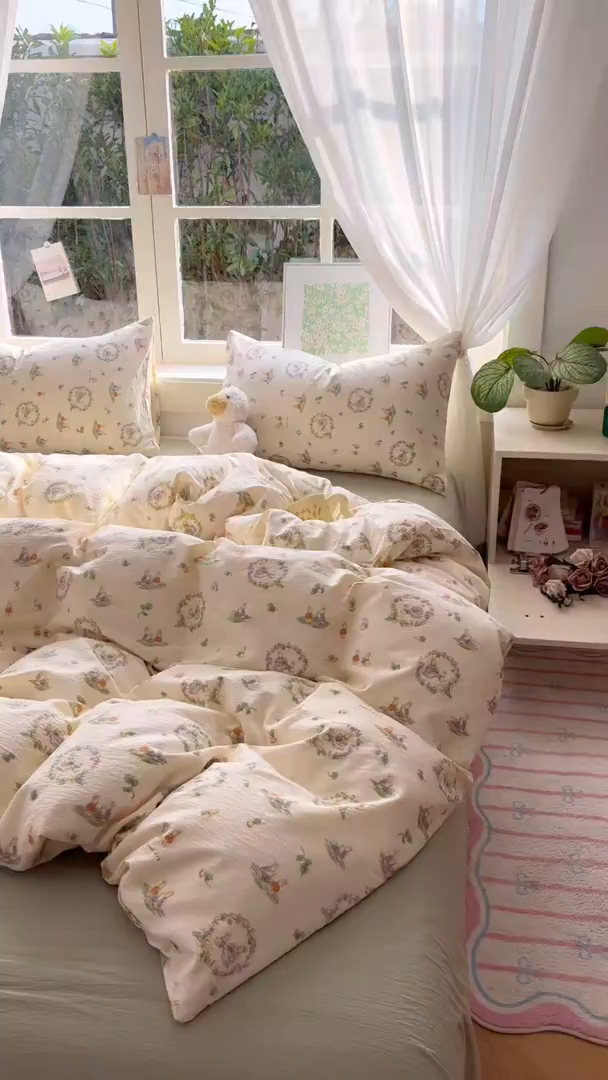 91家纺网 家纺一手货源 找家纺 耀达家居 2025新款木棉A类有氧双层纱四件套小清新碎花床单宿舍三件套 花田