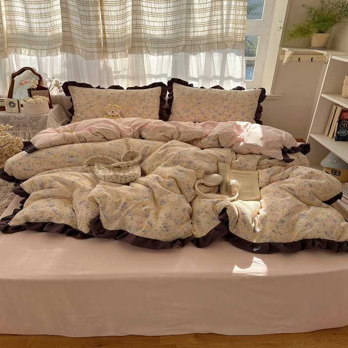 顾里家纺 2025新款韩系花边皱皱纱四件套 夕雾漫语