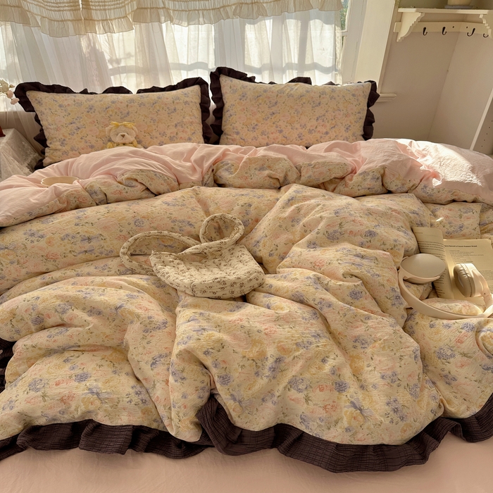 91家纺网 家纺一手货源 找家纺 顾里家纺 2025新款韩系花边皱皱纱四件套 夕雾漫语