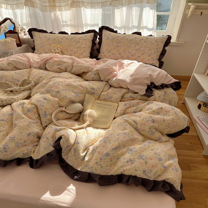 91家纺网 家纺一手货源 找家纺 顾里家纺 2025新款韩系花边皱皱纱四件套 夕雾漫语