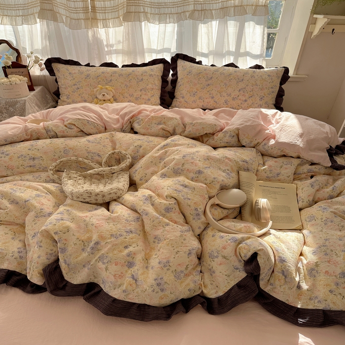 91家纺网 家纺一手货源 找家纺 顾里家纺 2025新款韩系花边皱皱纱四件套 夕雾漫语