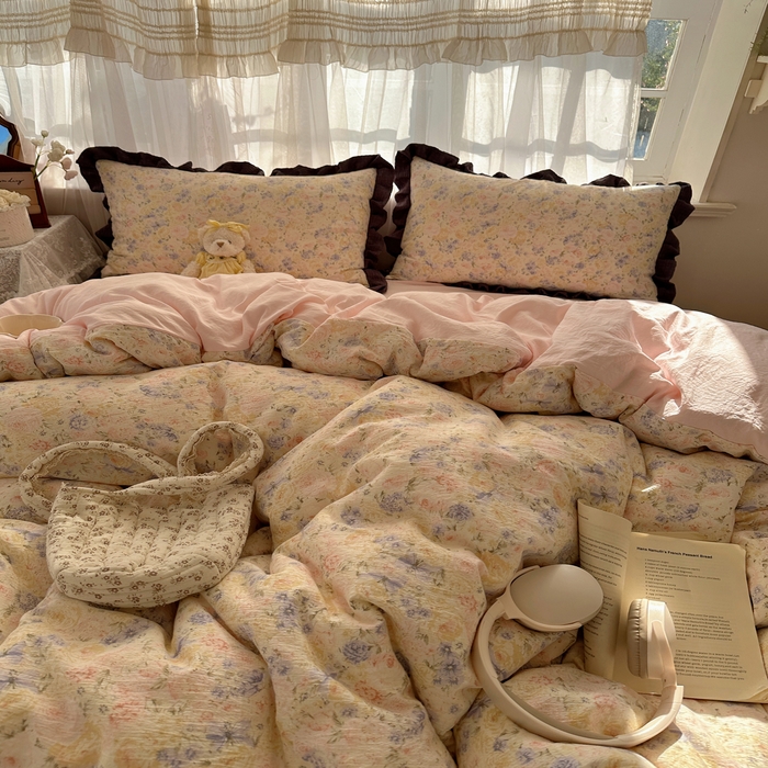 91家纺网 家纺一手货源 找家纺 顾里家纺 2025新款韩系花边皱皱纱四件套 夕雾漫语